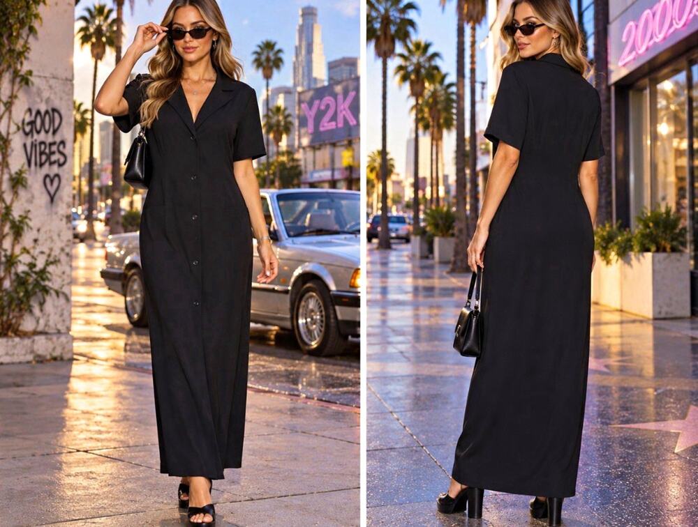 Spenser Jeremy Black Shirt Dress 10 Maxi NWT Dead Stock Y2K 90s Dark Romantic
